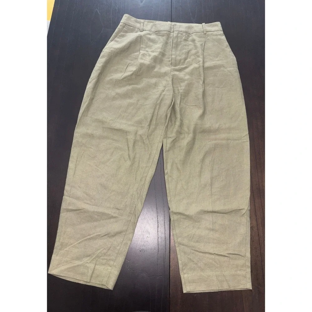 Zara Trousers High Waisted Pleated Linen Blend Gray Green Pants Summer Small